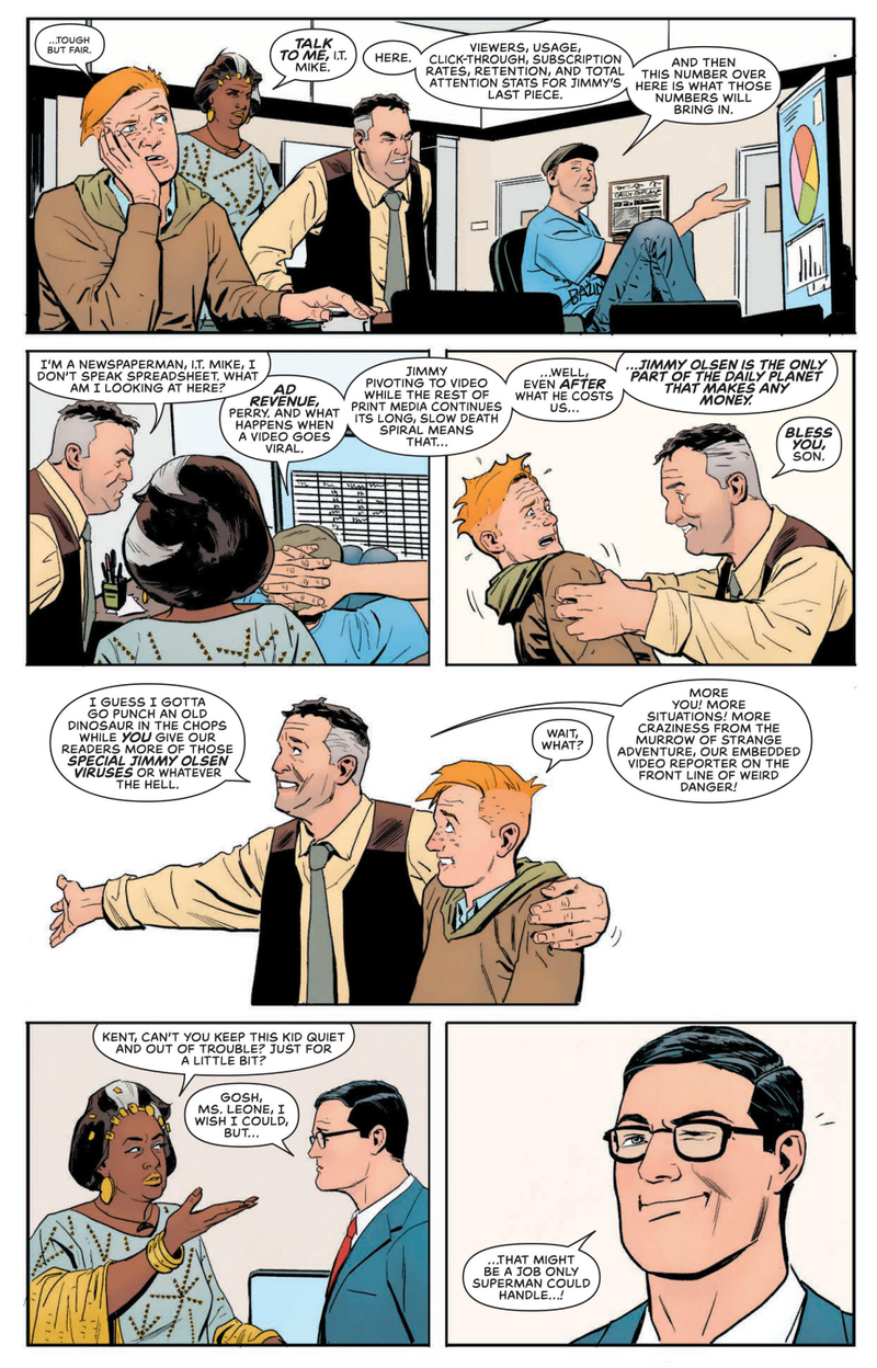 Jimmy Olsen learning that he’s the key to the Daily Planet’s survival.